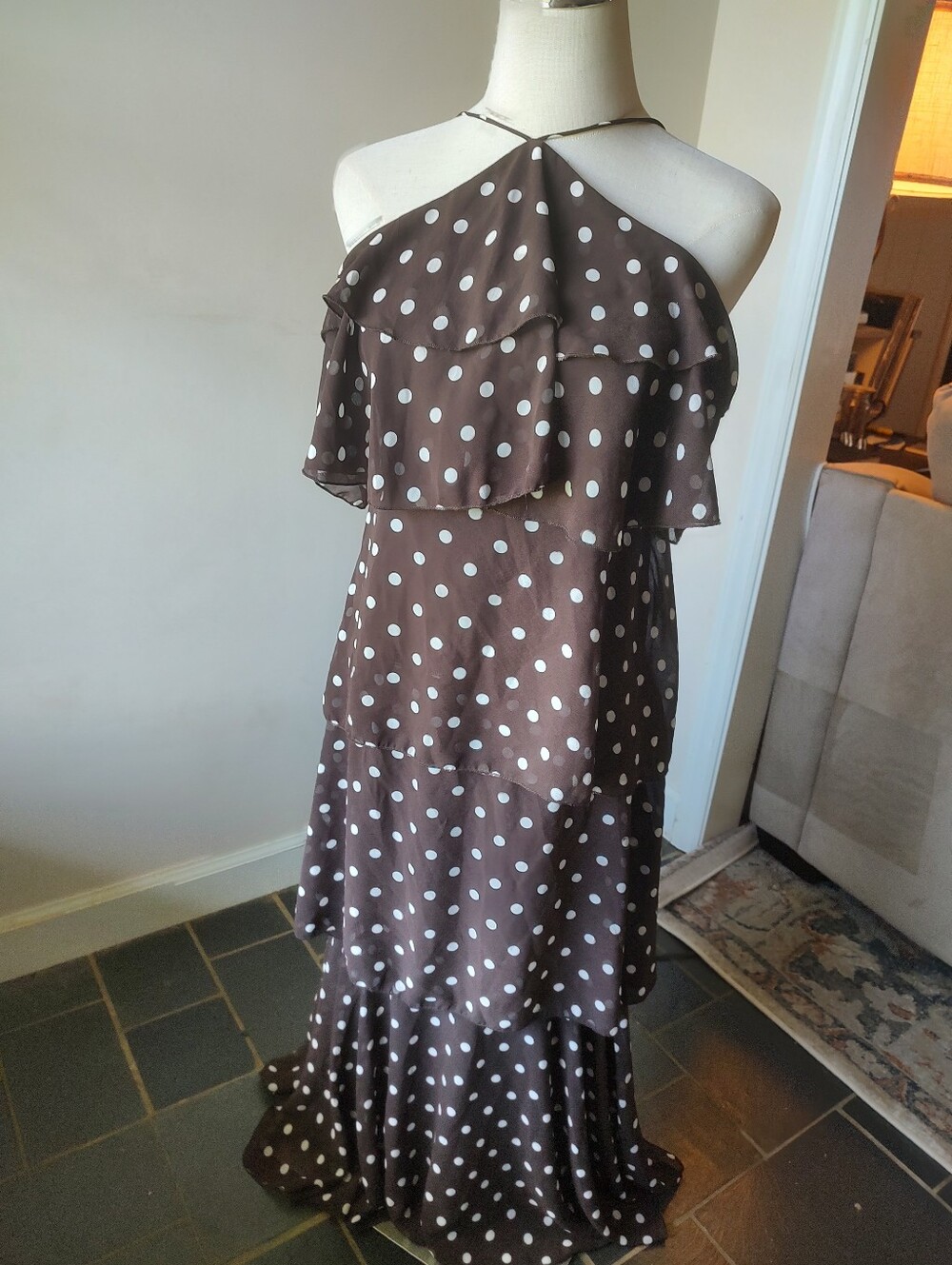 Soly Hux Brown Chiffon Polka Dot Tiered Halter Maxi Dress Small
